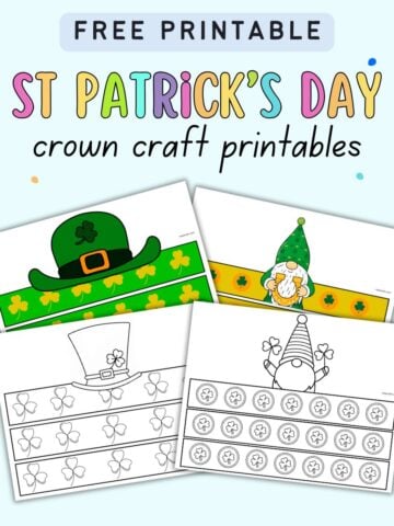 A collection of St Patrick’s Day crown craft printables featuring various themed designs, including leprechaun hats and shamrock patterns, suitable for kids' DIY activities.