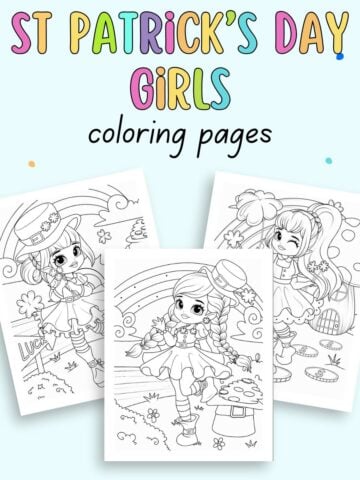 text "st patrick's day girls coloring pages" with a preview of three coloring pages with gifs in cute st Patrick's a outfits