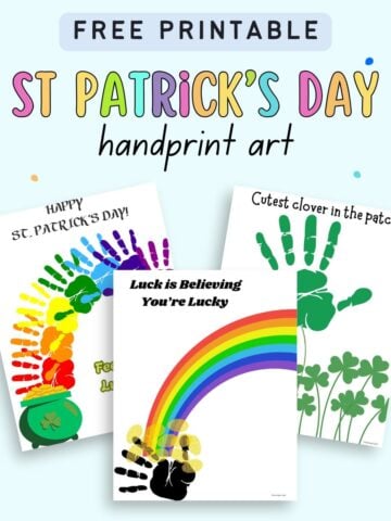 text "free printable st patrick's day handprint art" with a preview of three st pat's handprint craft pages