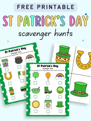 Image of a free printable St Patrick’s Day scavenger hunt featuring colorful illustrations of festive items for kids, designed for St Patrick’s Day school activities and preschoolers.