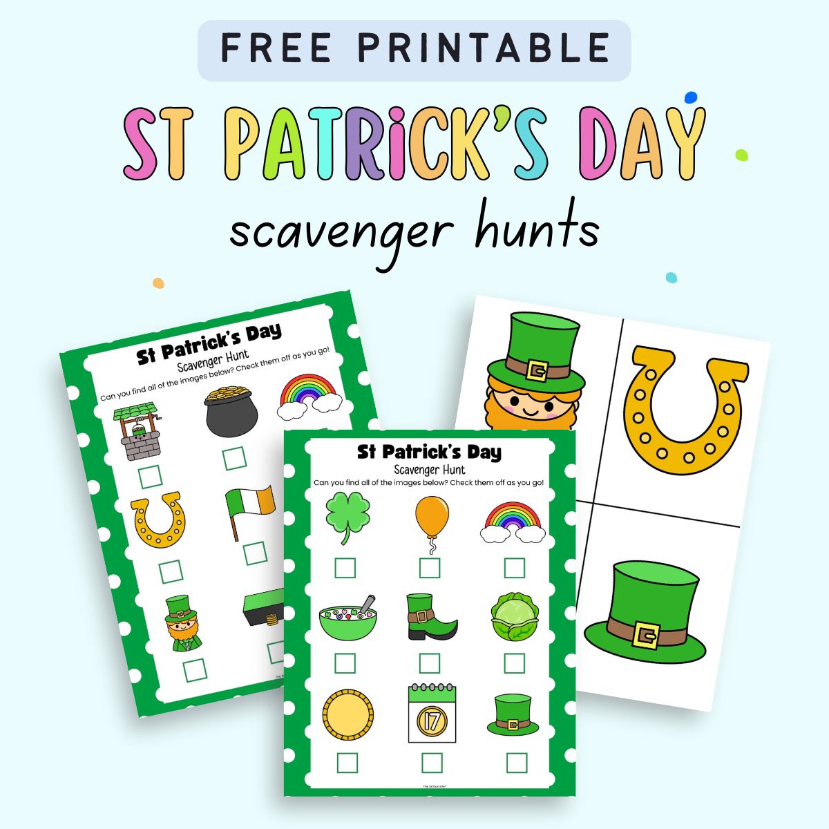 Image of a free printable St Patrick’s Day scavenger hunt featuring colorful illustrations of festive items for kids, designed for St Patrick’s Day school activities and preschoolers.
