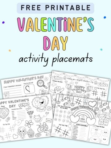 text "free printable Valentine's Day activity placemats" with a preview of four activity placemats for kids