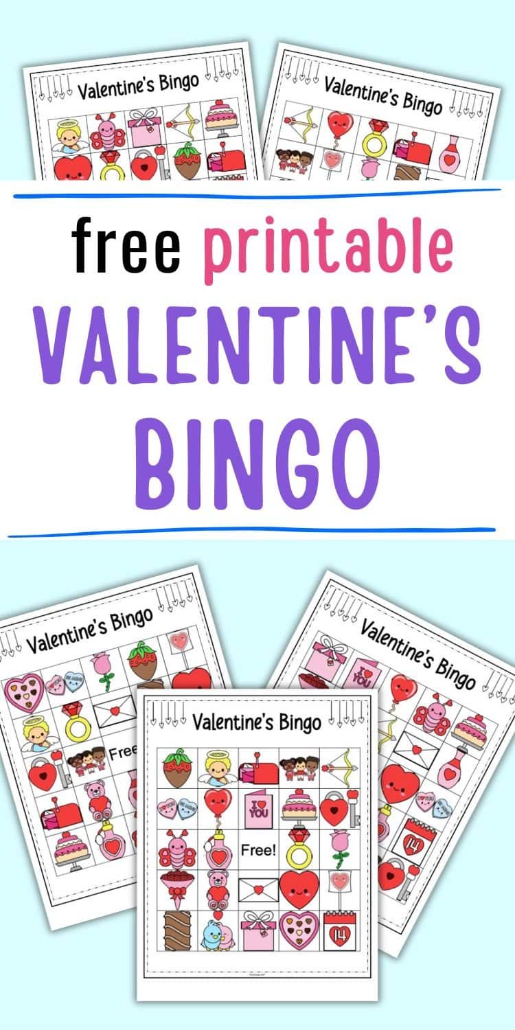 Several Valentine’s Day bingo cards are displayed, featuring various Valentine-themed images and the title "Valentine's Bingo," emphasizing their use for holiday games and activities for kids.