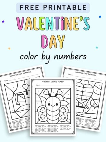 text "free printable Valentine's Day color by numbers" with a preview of three color by number sheets