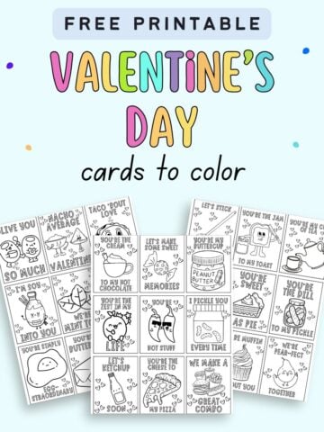 text "free printable Valentine's Day cards to color" with a preview of three sheets of cards with puns