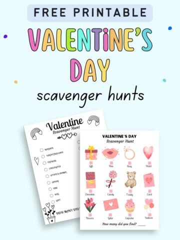 text "Free printable Valentine's Day scavenger hunts" with a preview of two scavenger hunt images