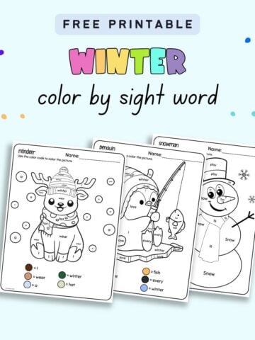 text "free printable winter color by sight word" with a preview of three coloring sheets