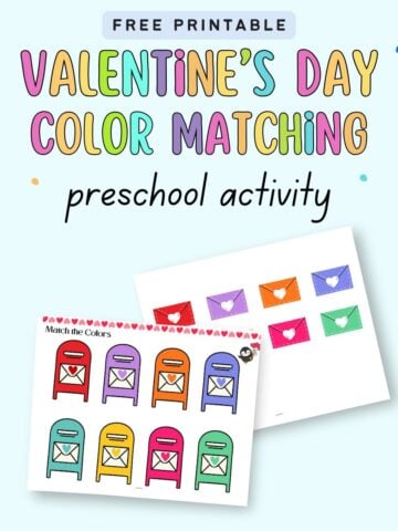 text "free printable Valentine's Day color matching preschool activity' with a pried of two pies. One shows colorful mailboxes and the other has matching envelopes