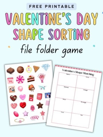 text "Valentine's Day shape sorting file folder game" with a preview of a shape sorting mat and shape cut outs