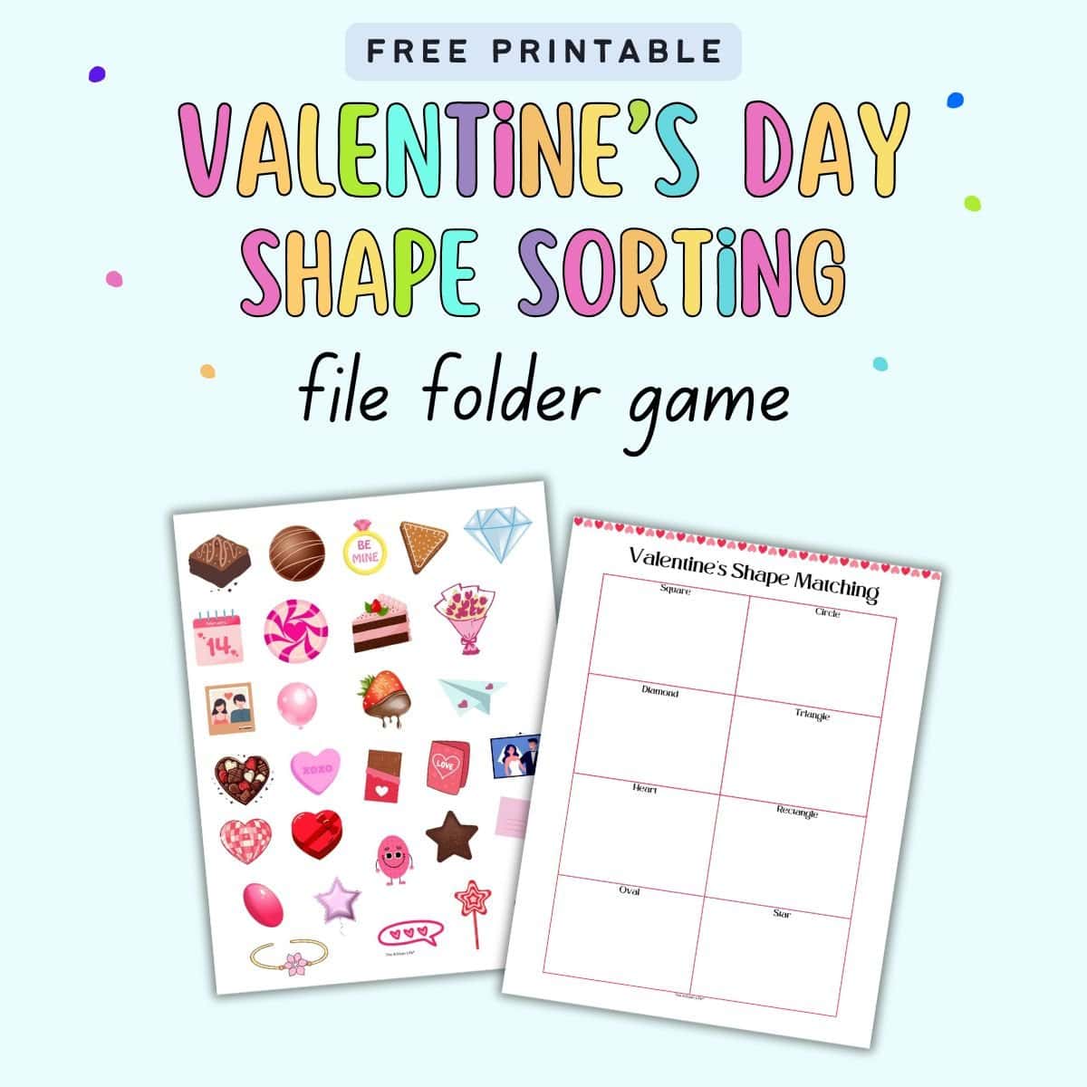 text "Valentine's Day shape sorting file folder game" with a preview of a shape sorting mat and shape cut outs