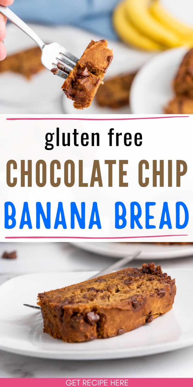 A slice of gluten-free chocolate chip banana bread is held with a fork, with additional slices and bananas visible in the background.
