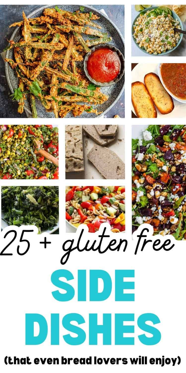 A collage of various gluten-free side dishes, including crispy fried okra, salads, and gluten-free bread, showcasing options for gluten-free meals and dinner ideas.
