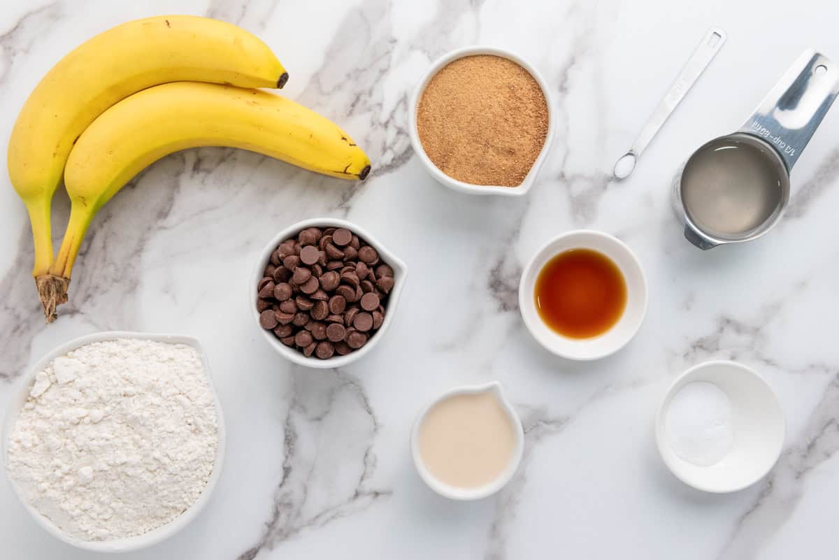 ingredients for gluten free, egg free banana brad with chocolate chips