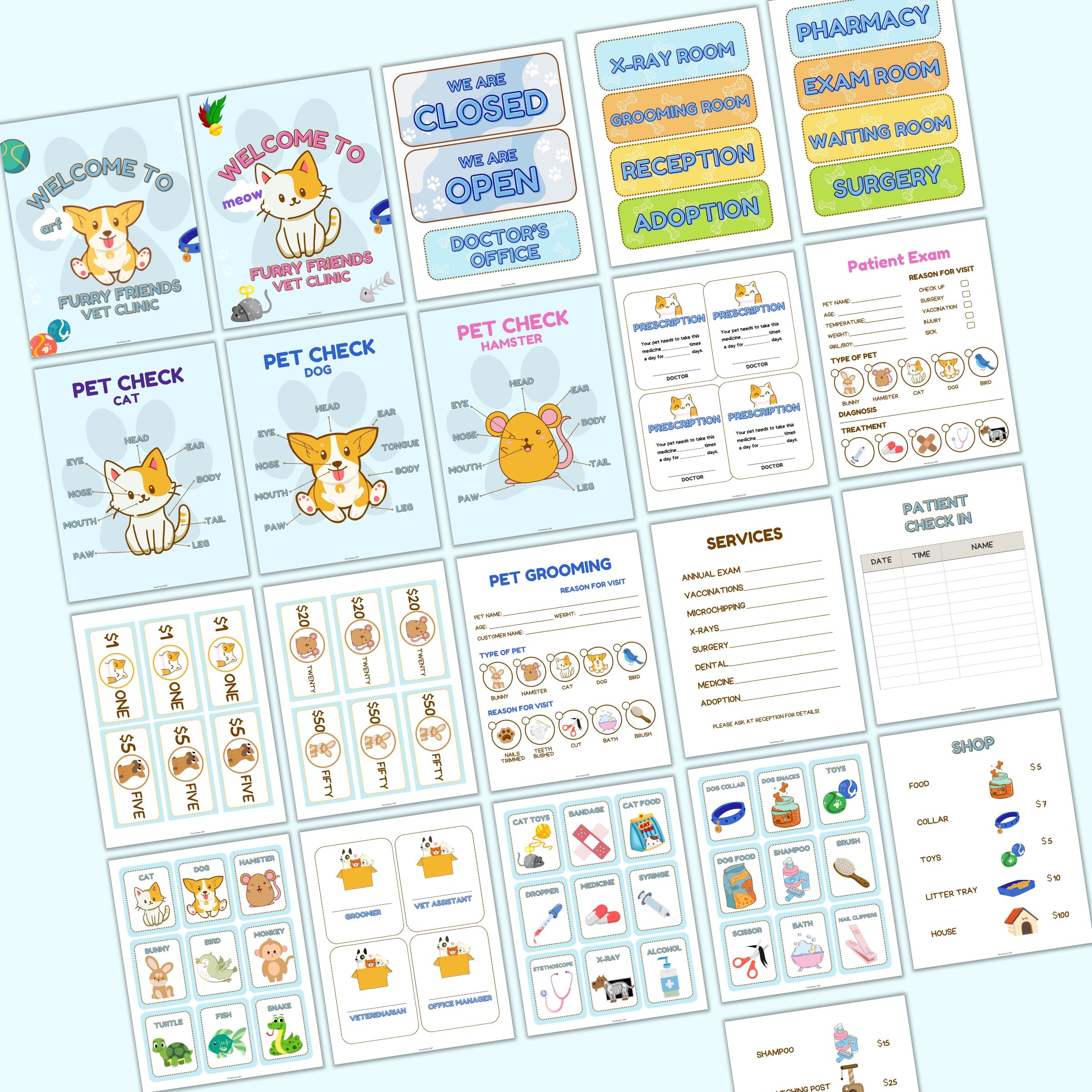 A collection of colorful printable materials for a pretend vet clinic, including signs, pet check-up forms, and service lists for dramatic play in a preschool setting.
