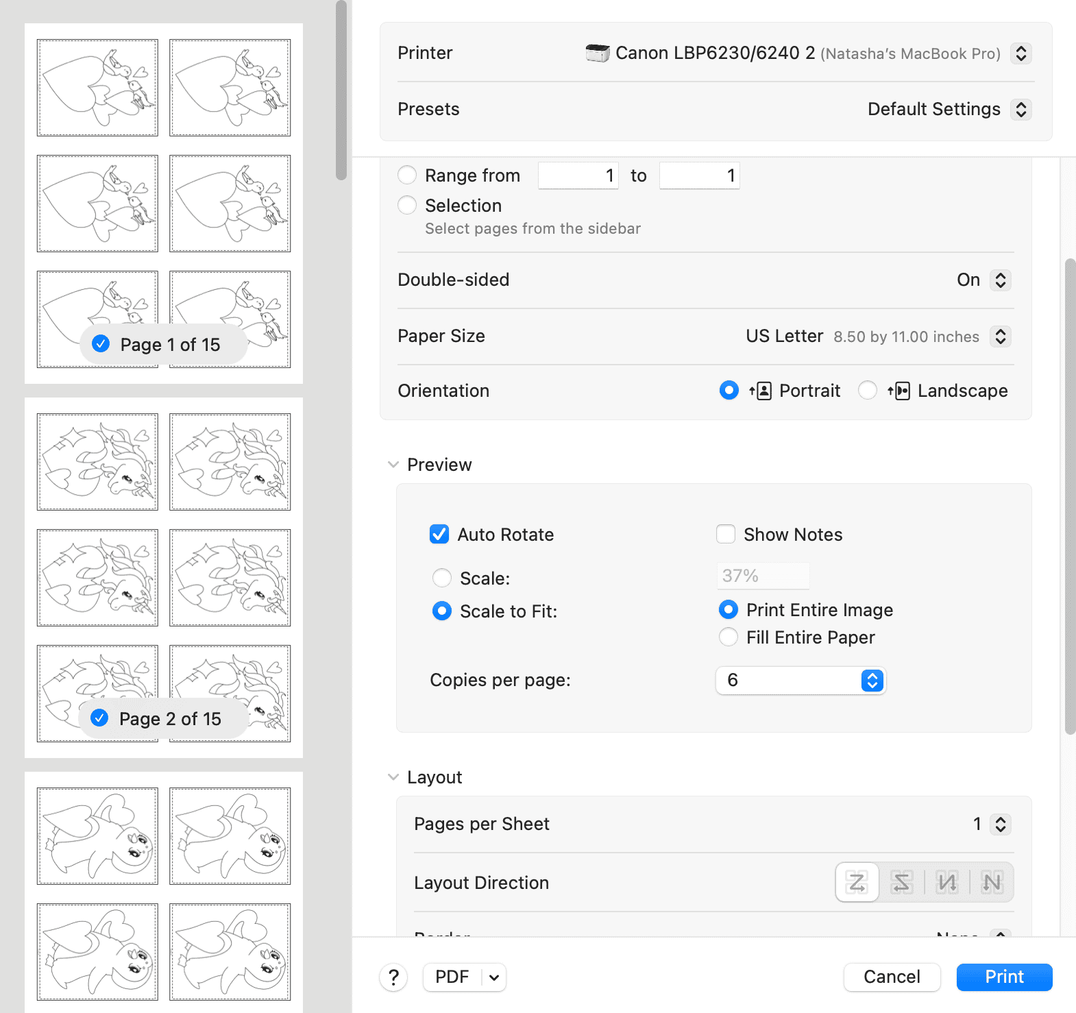 a print dialogue box printing six Valentine's Day coloring pages for toddlers on one sheet