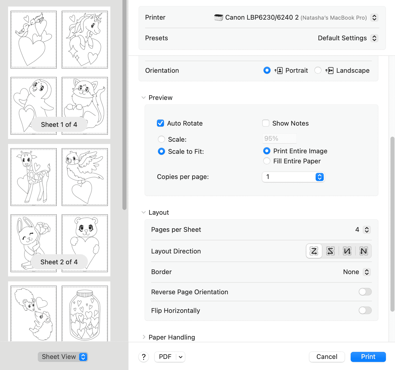 a print dialogue box printing four Valentine's Day coloring pages for toddlers on one sheet