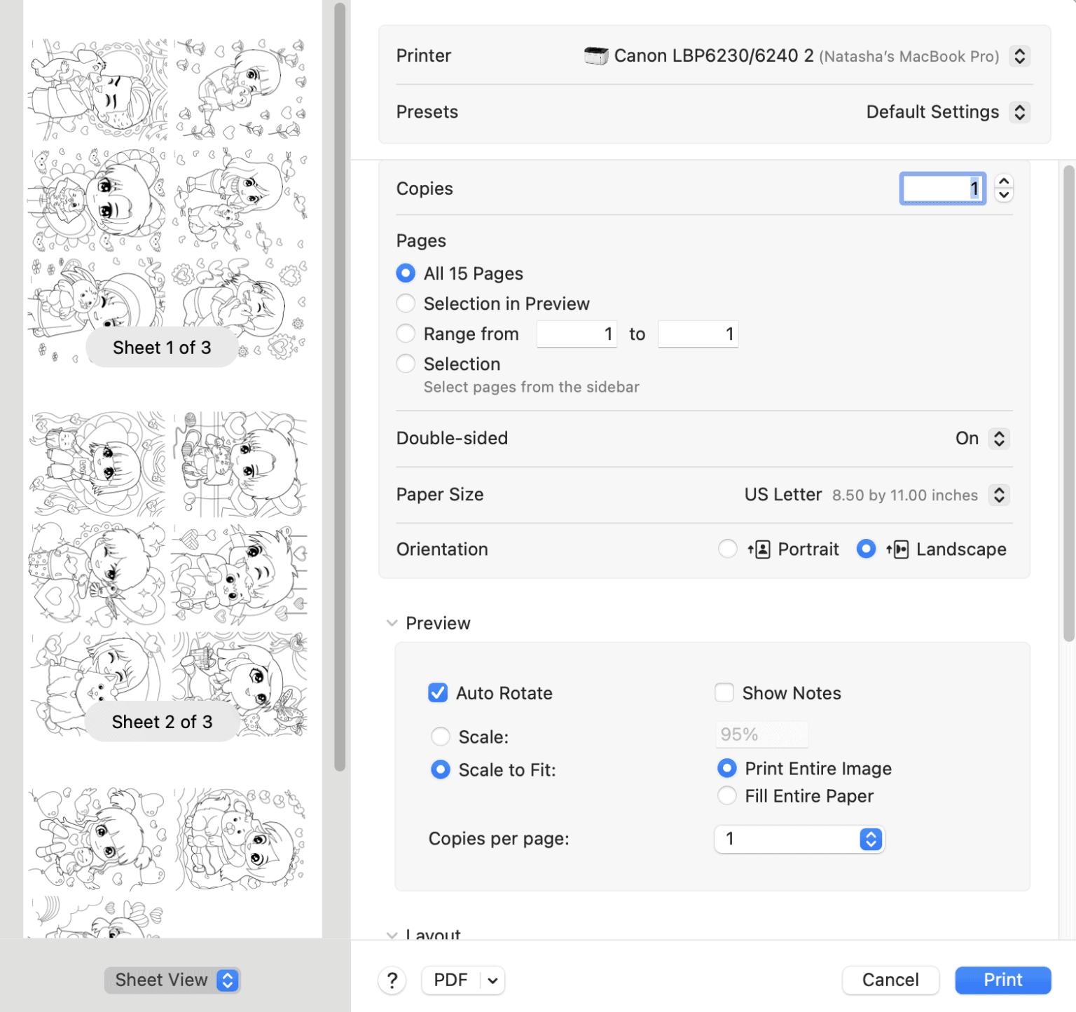 an image showing printing 6 coloring pages on one page in a print dialogue box