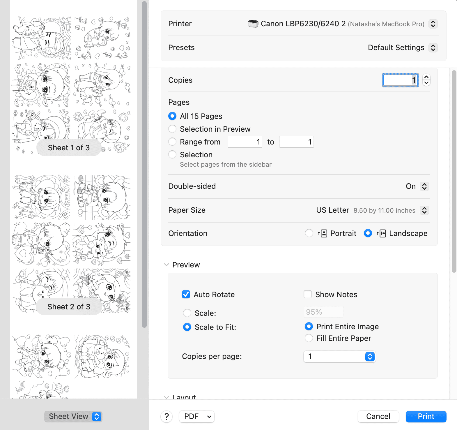 an image showing printing 6 coloring pages on one page in a print dialogue box