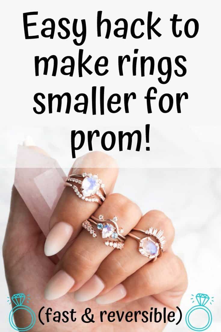 A hand displaying multiple rings, accompanied by text suggesting an easy hack to make rings smaller for prom, showcases a blend of DIY jewelry hacks.
