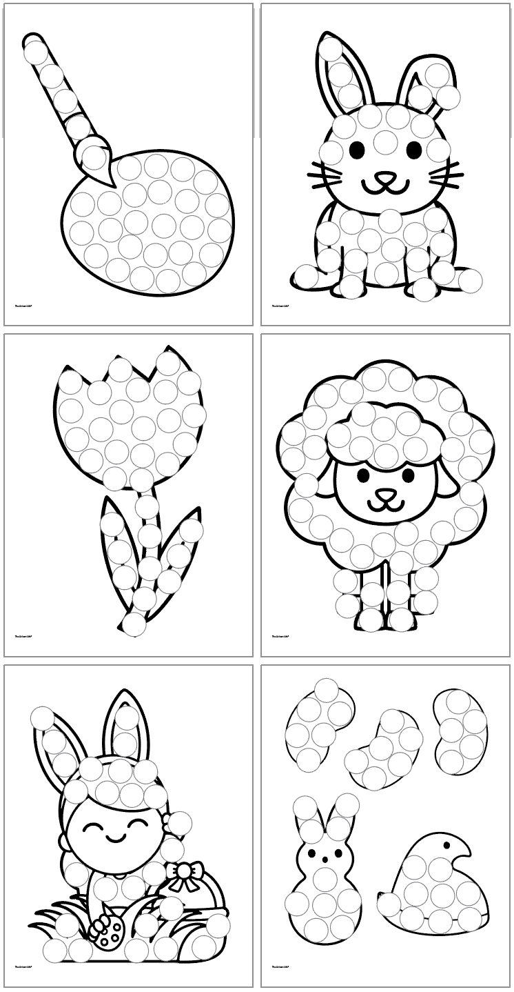 A collection of Easter-themed dot marker printables for toddlers, featuring images of a bunny, a tulip, a sheep, and various Easter eggs, designed for educational activities and crafts.
