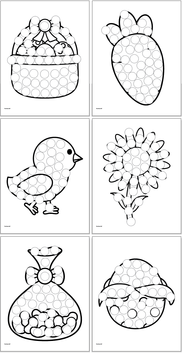 A collection of six Easter-themed dot marker printables featuring a basket, heart, chick, flower, bag, and decorated egg, designed as educational activities for toddlers and preschoolers.
