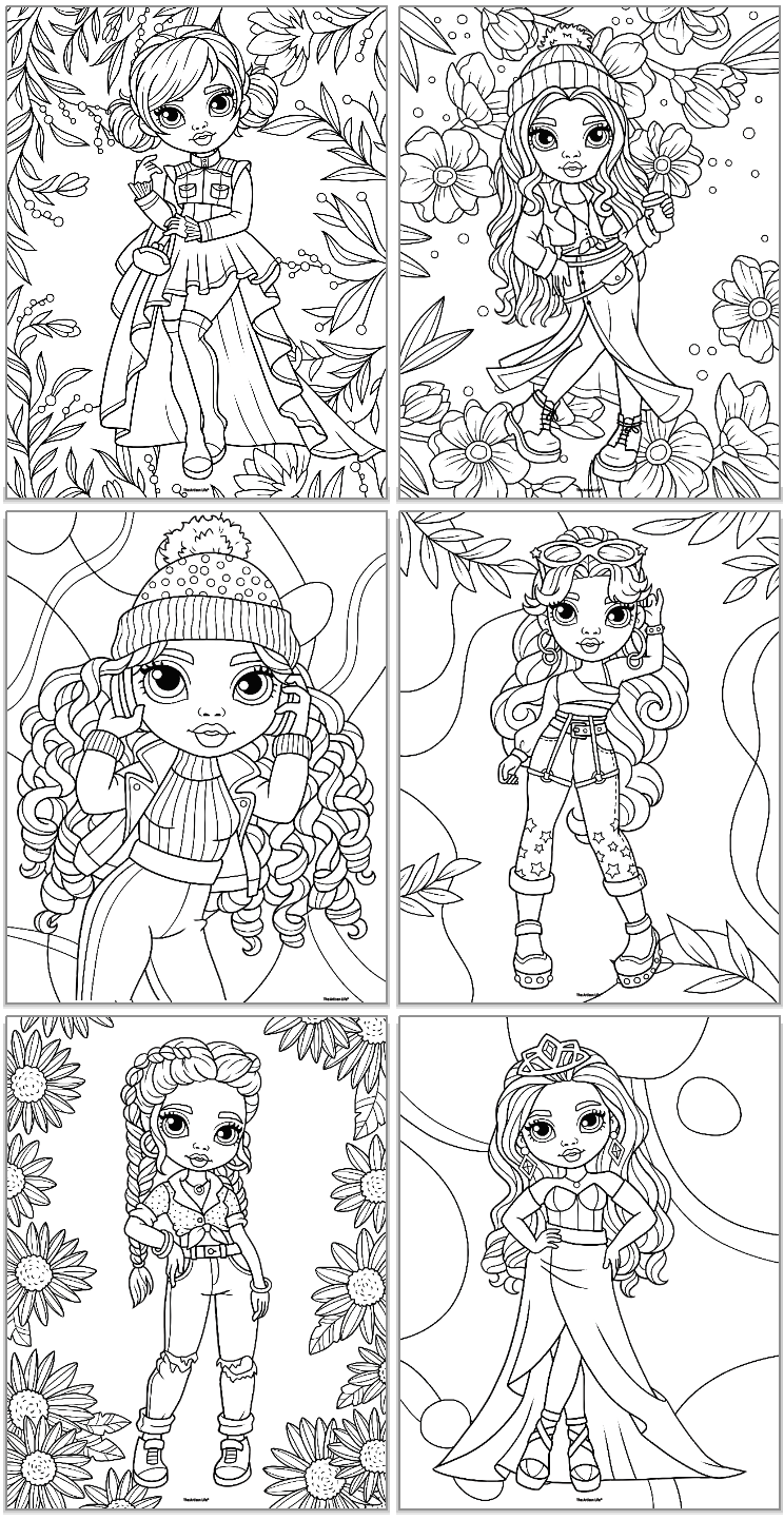 A grid of six black-and-white fashion-themed coloring pages for girls, featuring cute characters in various stylish outfits among floral and abstract backgrounds.
