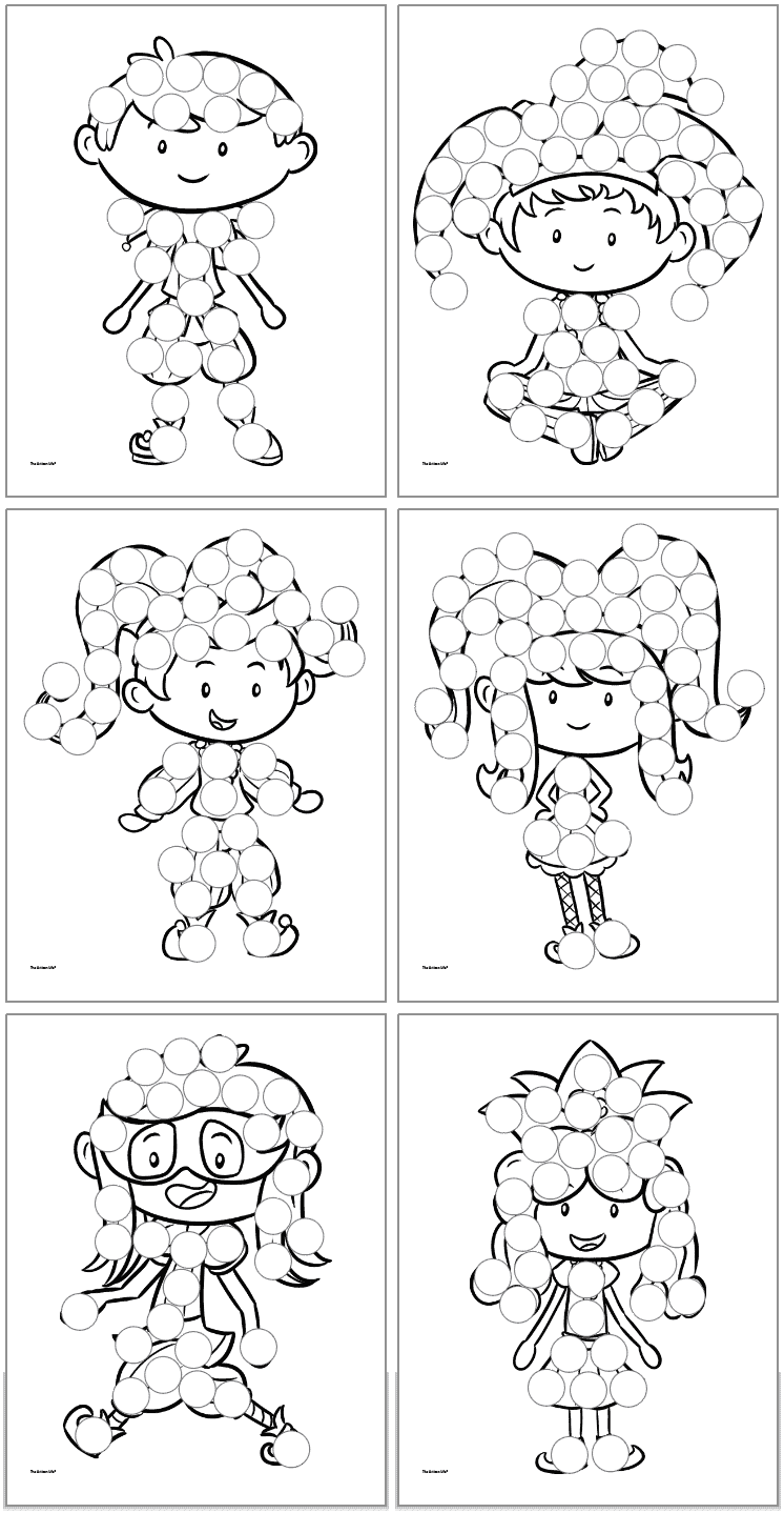 Six dot marker activity sheets featuring characters in festive attire, designed for Mardi Gras activities for kids and suitable for homeschooling classrooms.

