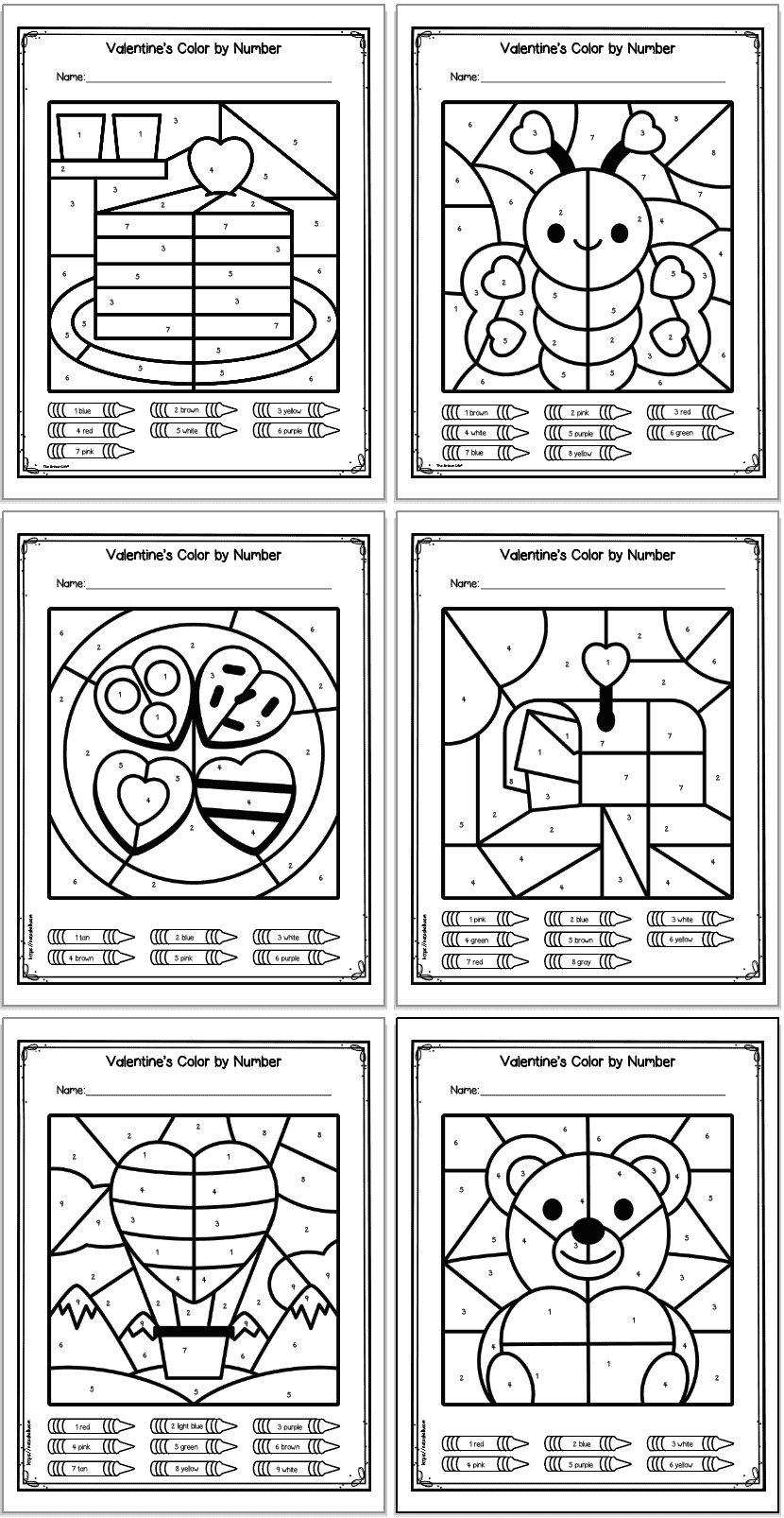 A grid of six "Valentine's Color by Number" worksheets featuring various Valentine-themed images designed for number recognition and coloring activities for kids, suitable for February learning and crafts.
