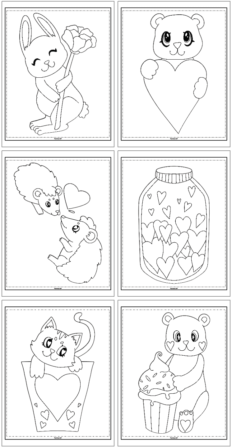 A collection of six adorable, black-and-white coloring pages featuring various animals and heart-themed designs, ideal for kids' Valentine crafts and printable coloring activities.
