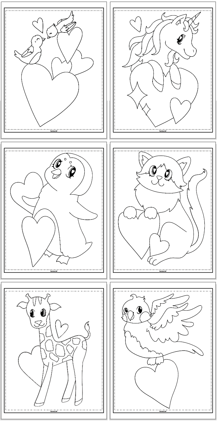 A collection of six black and white Valentine’s Day coloring pages featuring various animal characters, such as a unicorn, penguin, cat, giraffe, and birds, each holding or surrounded by hearts.
