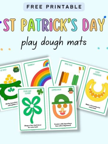 A collection of St. Patrick's Day-themed printable playdough mats featuring activities such as creating a pot of gold, a rainbow, an Irish flag, a four-leaf clover, a leprechaun face, and a lucky horseshoe.