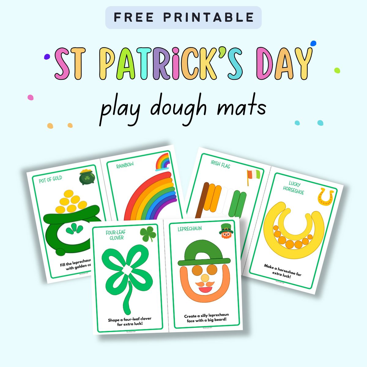 A collection of St. Patrick's Day-themed printable playdough mats featuring activities such as creating a pot of gold, a rainbow, an Irish flag, a four-leaf clover, a leprechaun face, and a lucky horseshoe.
