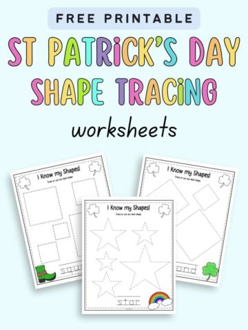 text "free printable st patrick's day shape tracing worksheets" with a preview of three shape tracing worksheets