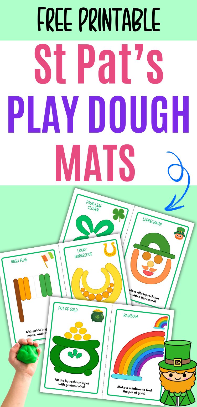 A hand holding green playdough appears alongside printable playdough mats featuring St. Patrick's Day themes such as a four-leaf clover, rainbow, leprechaun, and pot of gold, designed for preschool learning activities.
