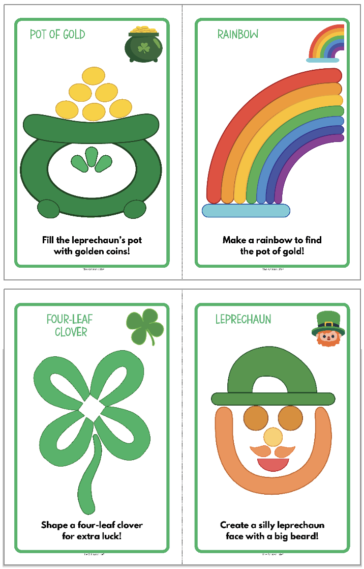 Printable activity cards featuring various spring-themed playdough activities, including shaping a pot of gold, creating a rainbow, crafting a four-leaf clover, and designing a leprechaun face.
