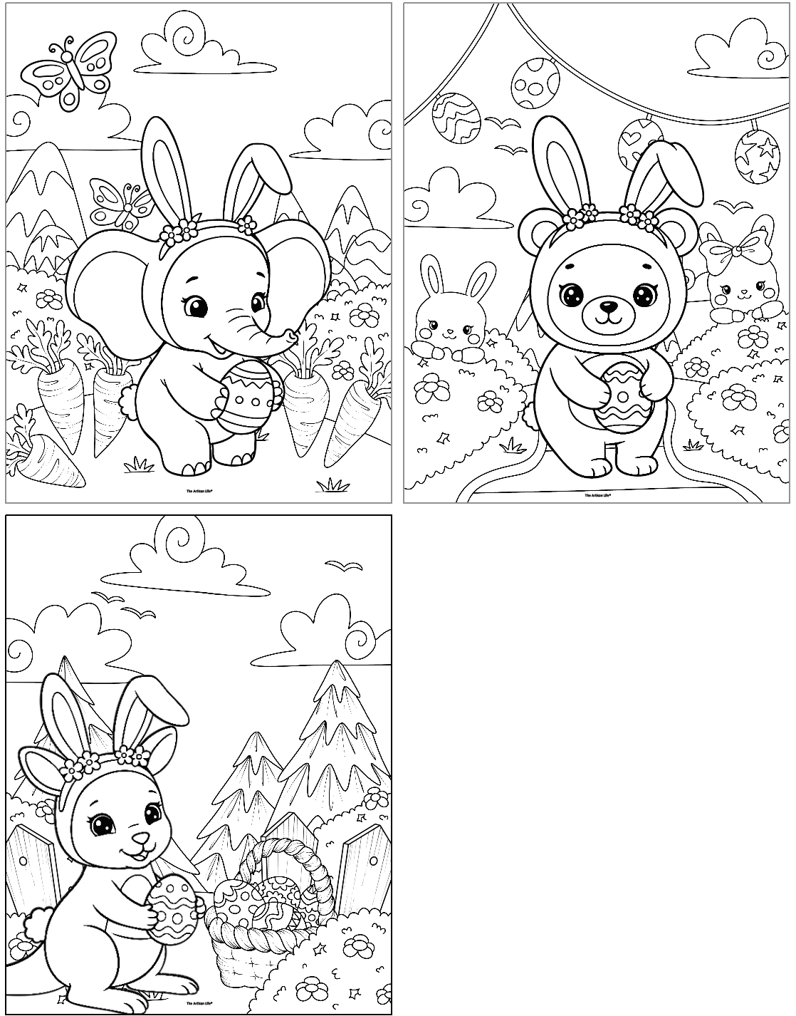 A set of three black-and-white Easter-themed coloring pages featuring playful animals in bunny costumes, each holding Easter eggs amid a spring landscape.
