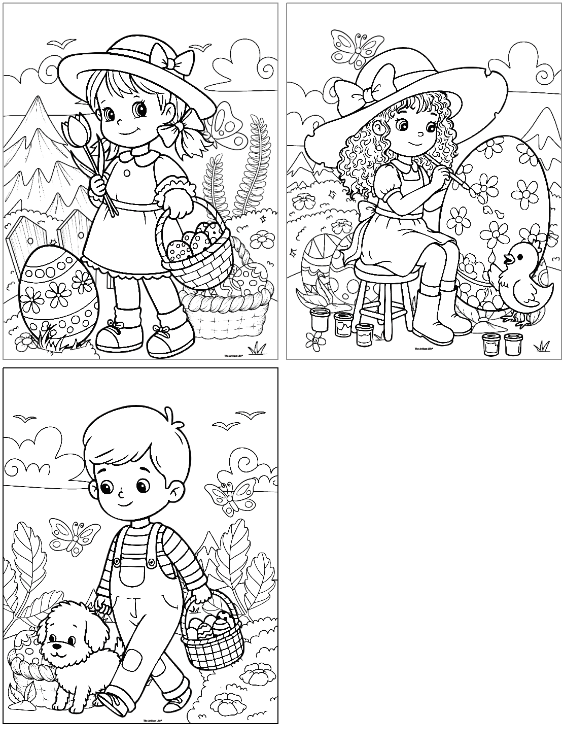 A collection of three black and white Easter-themed coloring pages featuring children engaged in various spring activities, such as holding Easter eggs and carrying baskets filled with colorful eggs.
