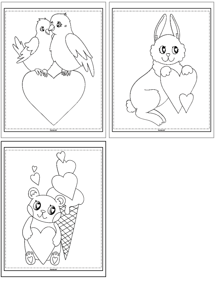 Three simple black and white coloring pages for toddlers themed around Valentine’s Day, featuring a pair of lovebirds in a heart, a bunny holding a heart, and a bear with hearts and an ice cream cone.