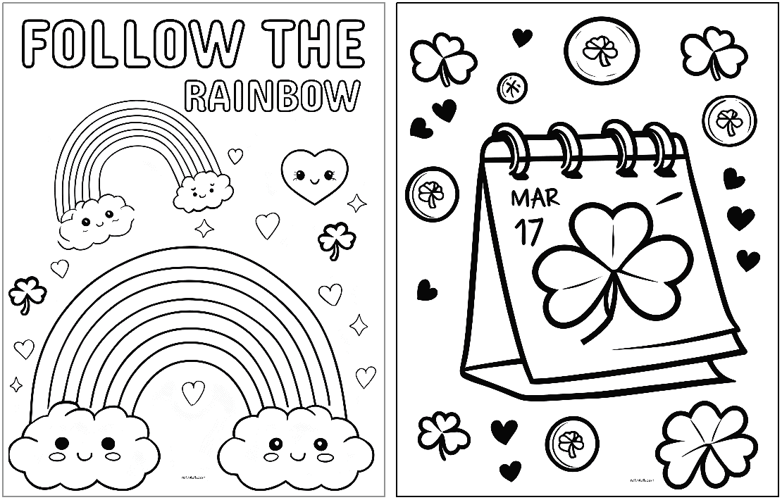 two st patrick's day coloring pages for kids. One has a rainbow and the other has a calendar.