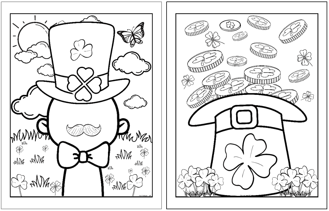 two St Patrick's Day coloring pages for kids. One shows a leprechaun and the other a hat full of gold.