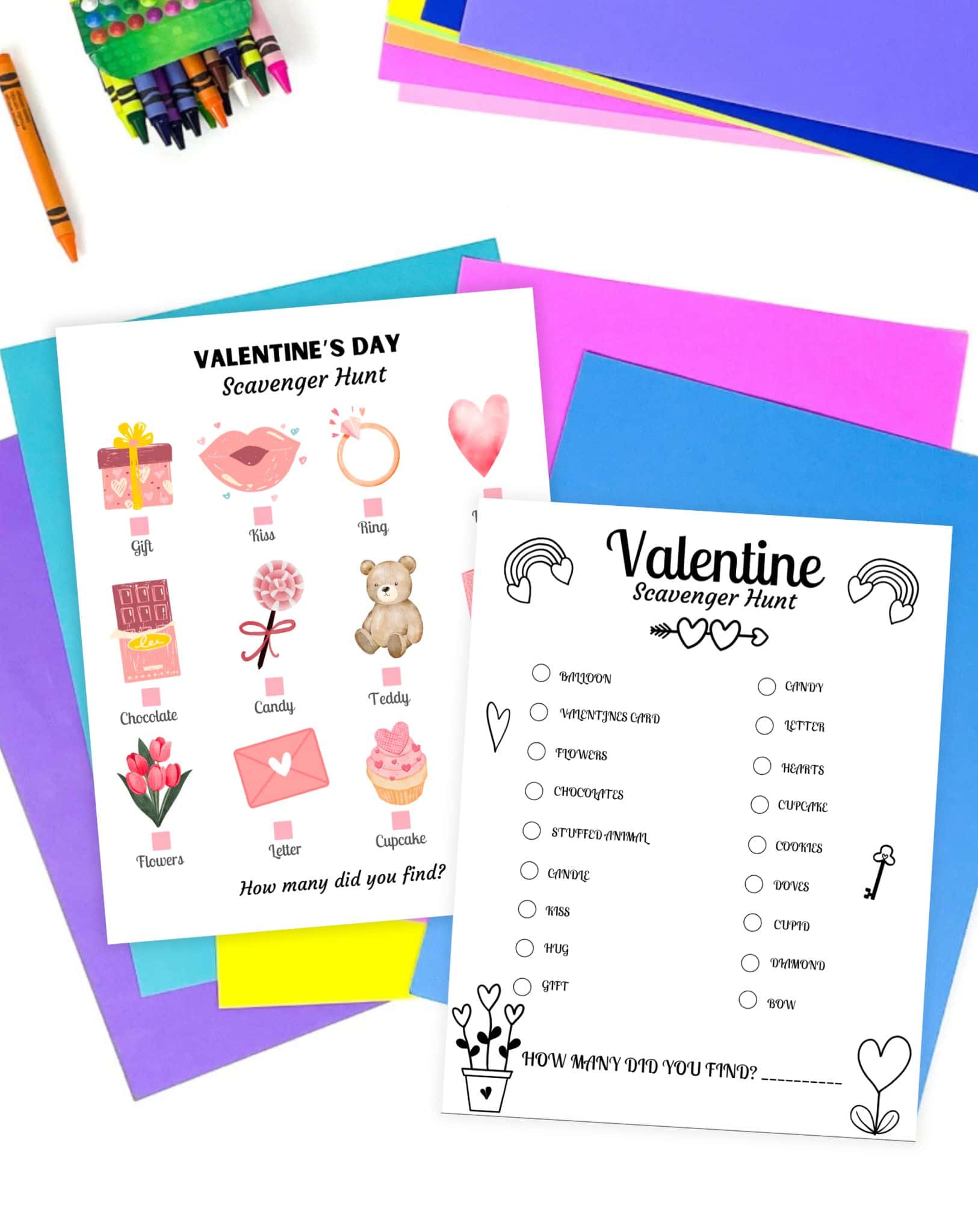 two Valentine's Day scavenger hunts - one in color with clip art images and the other in black and white with text based clues