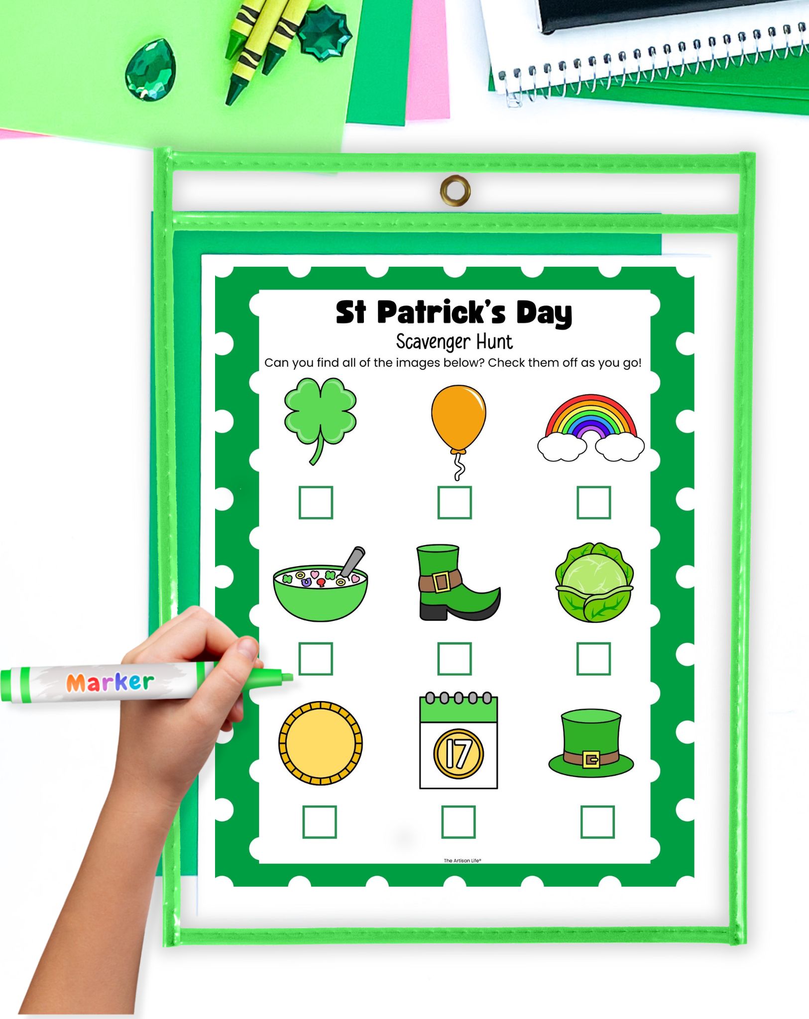 st patrick's day scavenger hunt printable in a dry erase pocket
