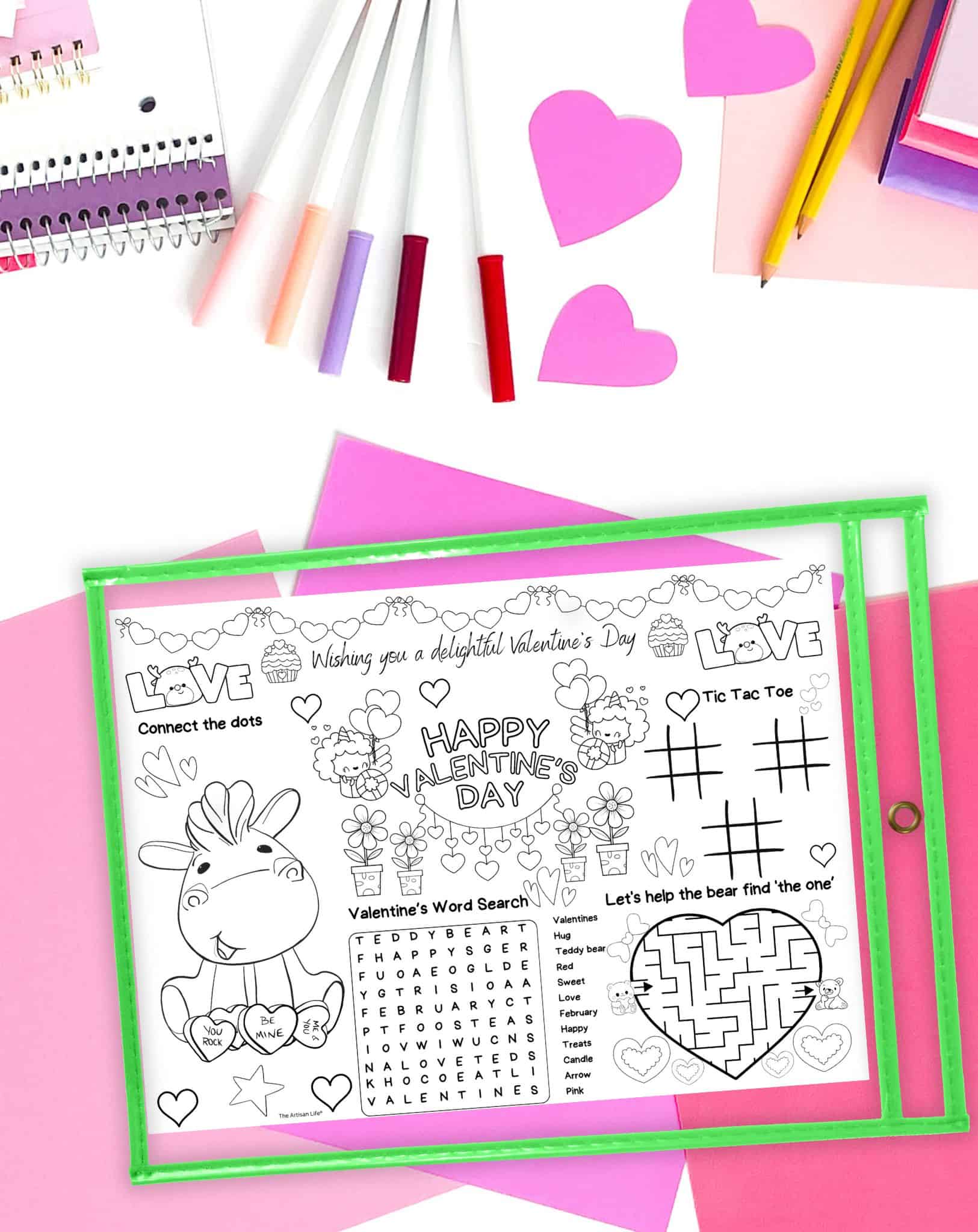 a valentine's day activity placemat in a dry erase pocket