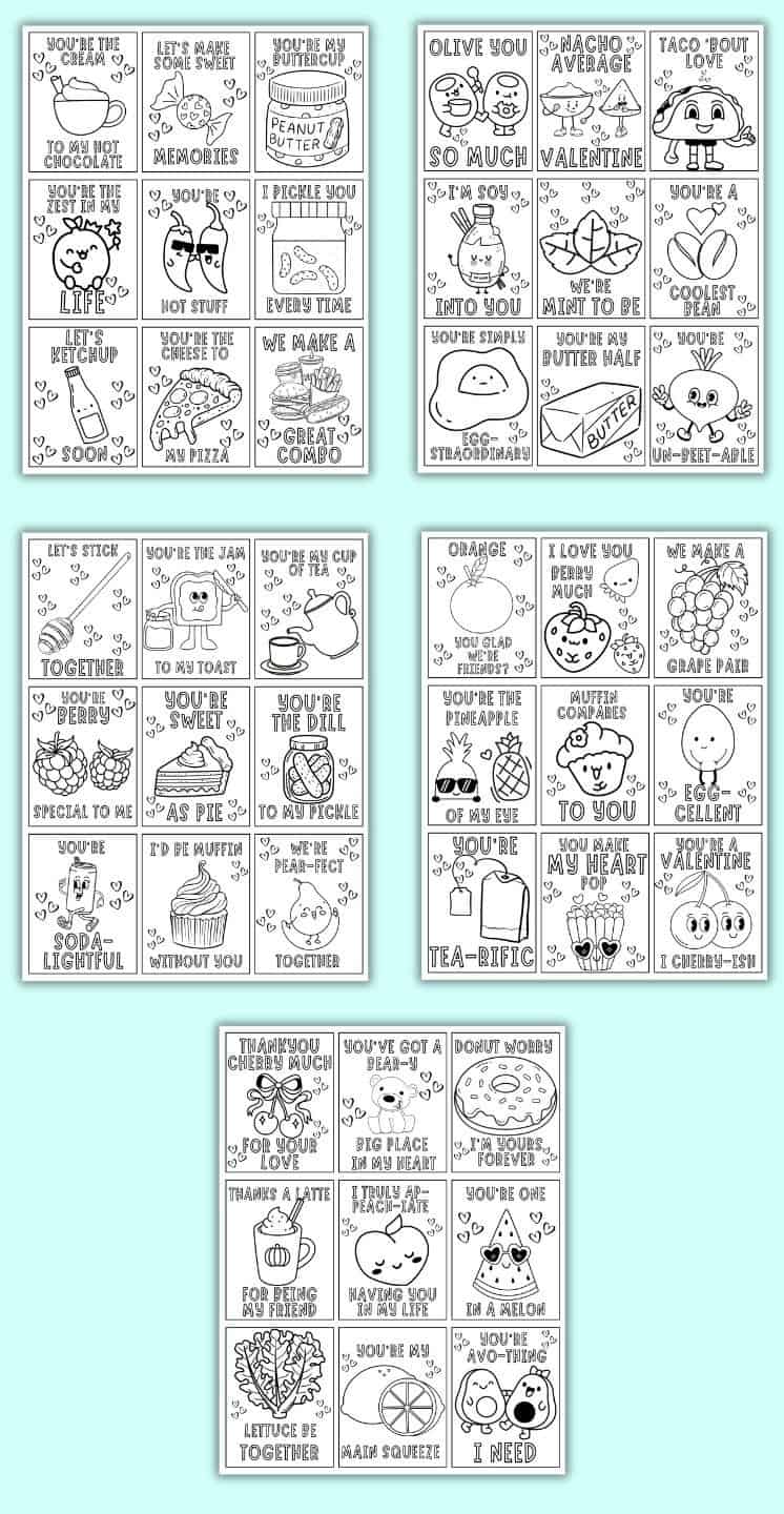 A collection of printable Valentine cards featuring humorous food-related phrases and illustrations, designed for kids to color and share as part of Valentine's Day activities.
