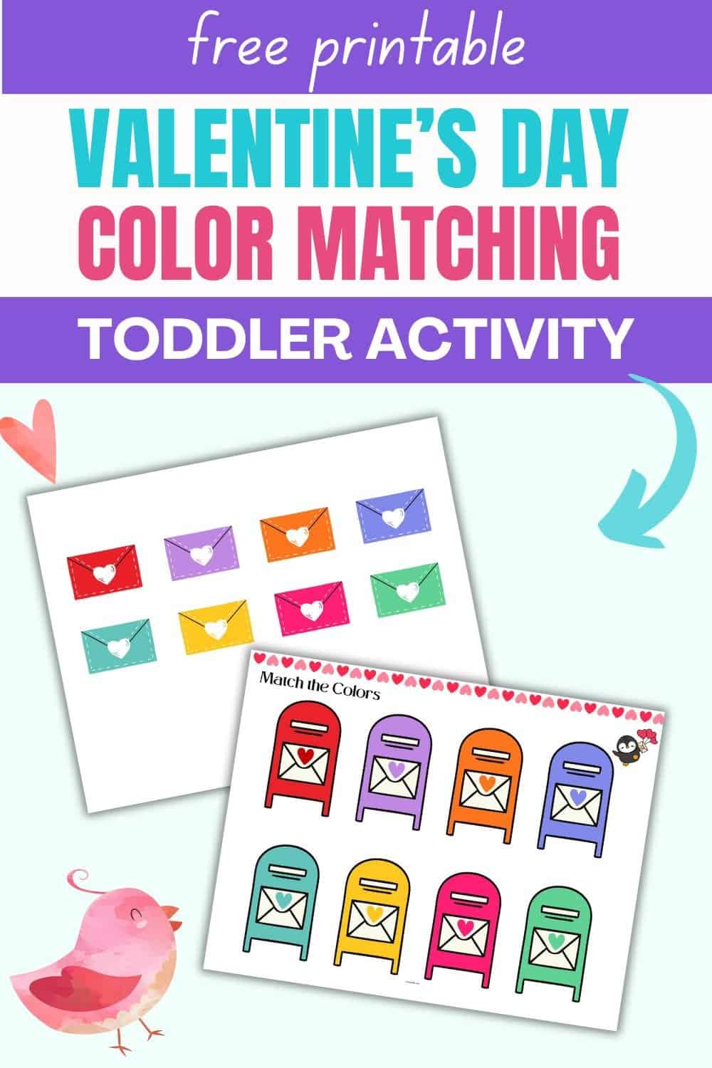 A printable activity sheet featuring Valentine's Day-themed color matching tasks for toddlers, designed to support preschool color sorting and matching activities.
