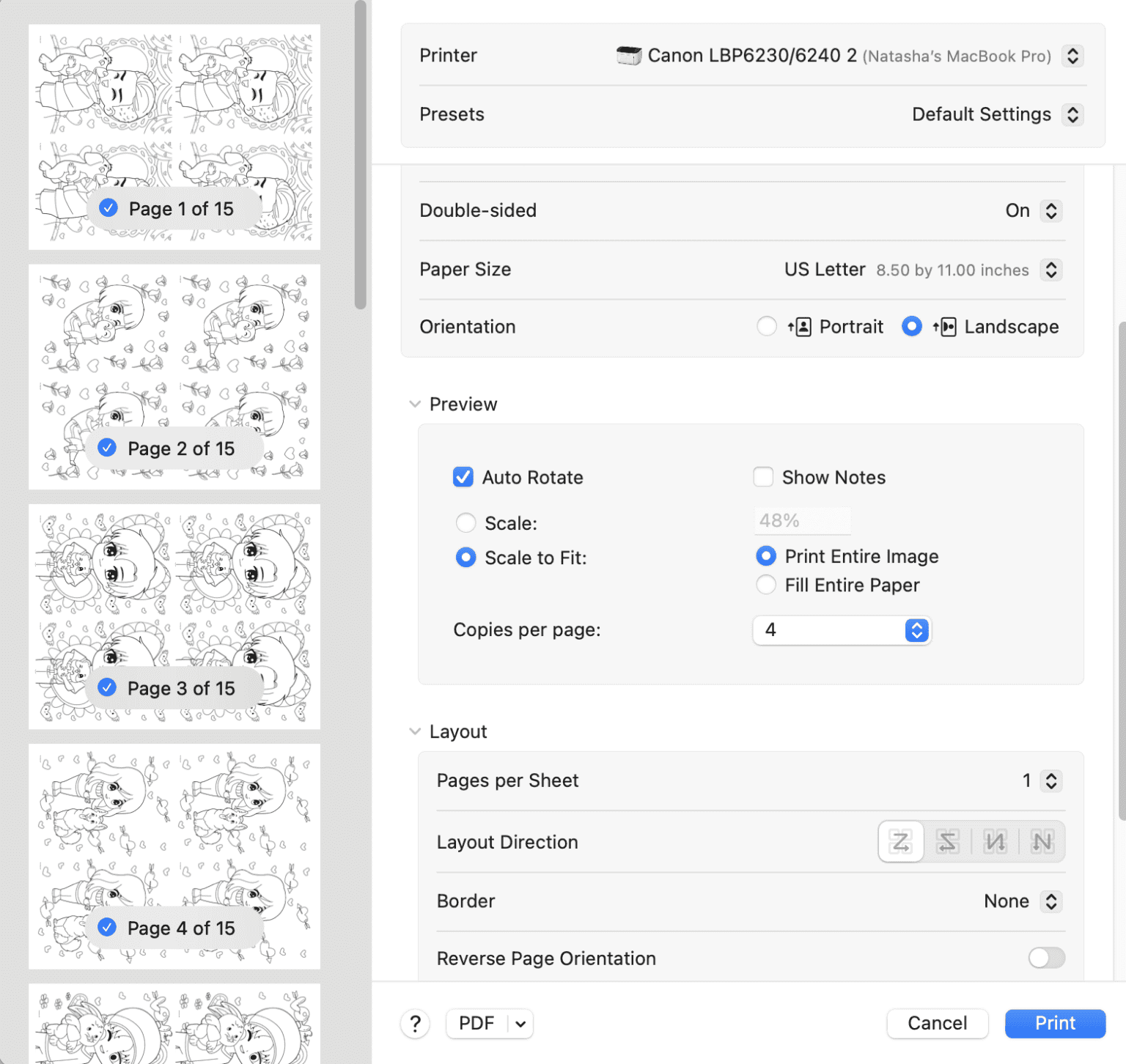 a print dialogue box showing how to print coloring pages multi up to make your of valentines