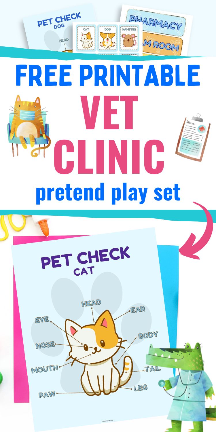 text "Free printable vet clinic pretend play set" with a preview of a printable showing a pet health check sheet