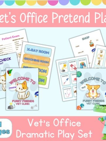 A collection of colorful printable materials for a pretend vet clinic, including signs, pet check-up forms, and service lists for dramatic play in a preschool setting.