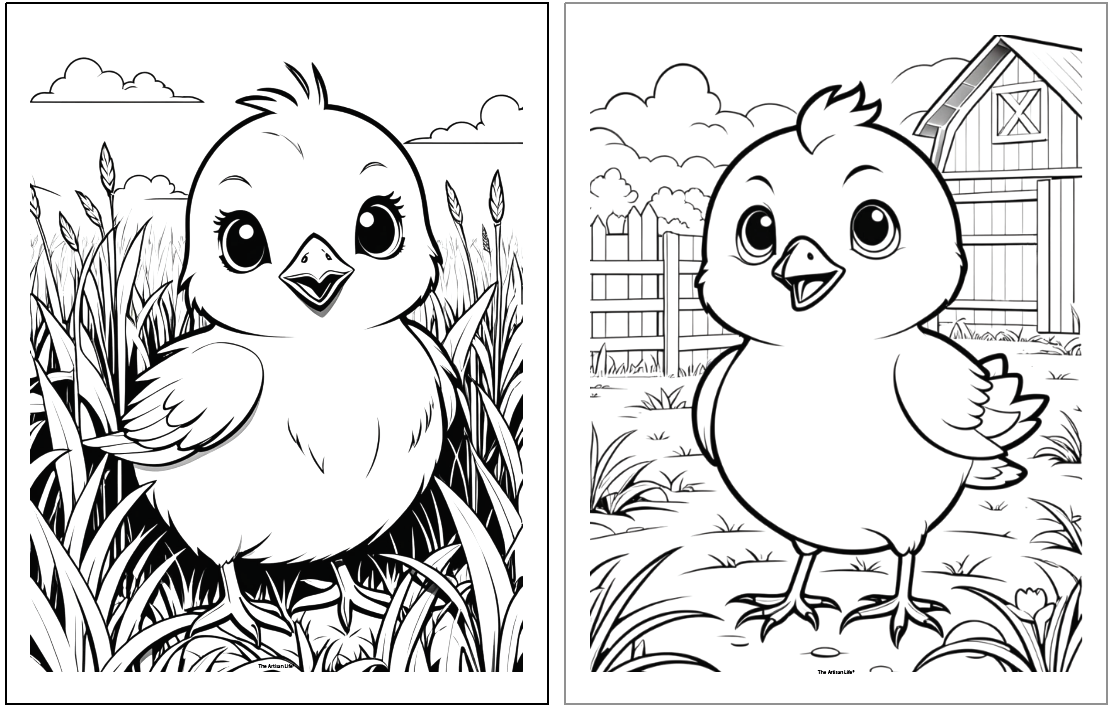 Two cute chick coloring pages are depicted, featuring adorable chicks standing in grassy landscapes, suitable for Easter activities for kids and free printable wall art.
