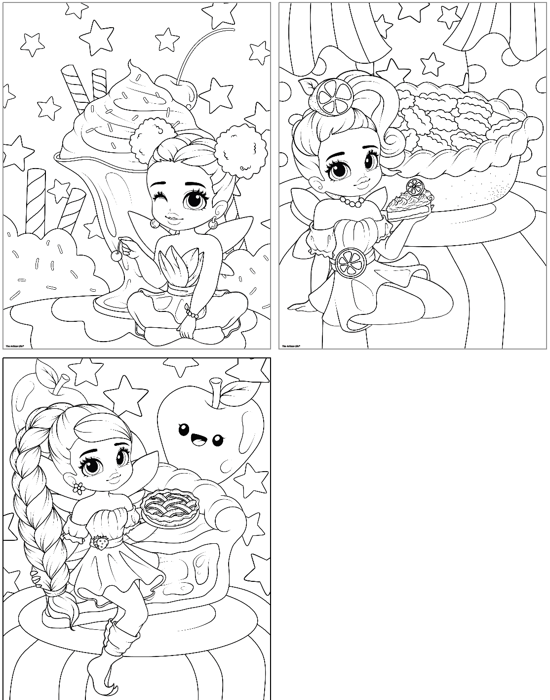 Three coloring pages featuring fairies engaged in magical activities, including enjoying desserts like ice cream and pie, suitable for kids interested in fairy crafts and fairy-themed coloring activities.
